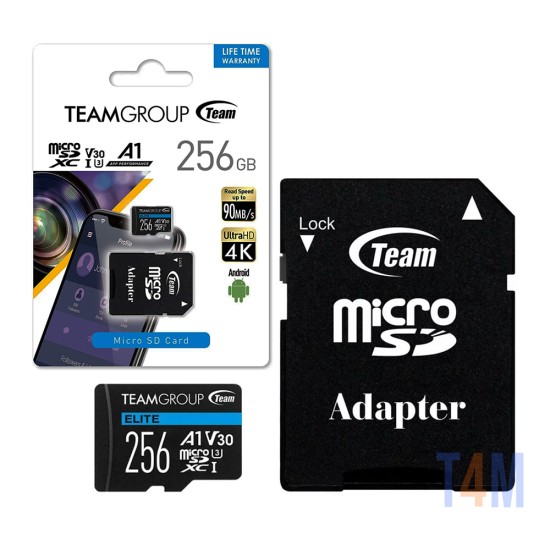 Cartão de Memória MicroSDXC Team Group 256GB USH-I Classe 10 com Adaptador